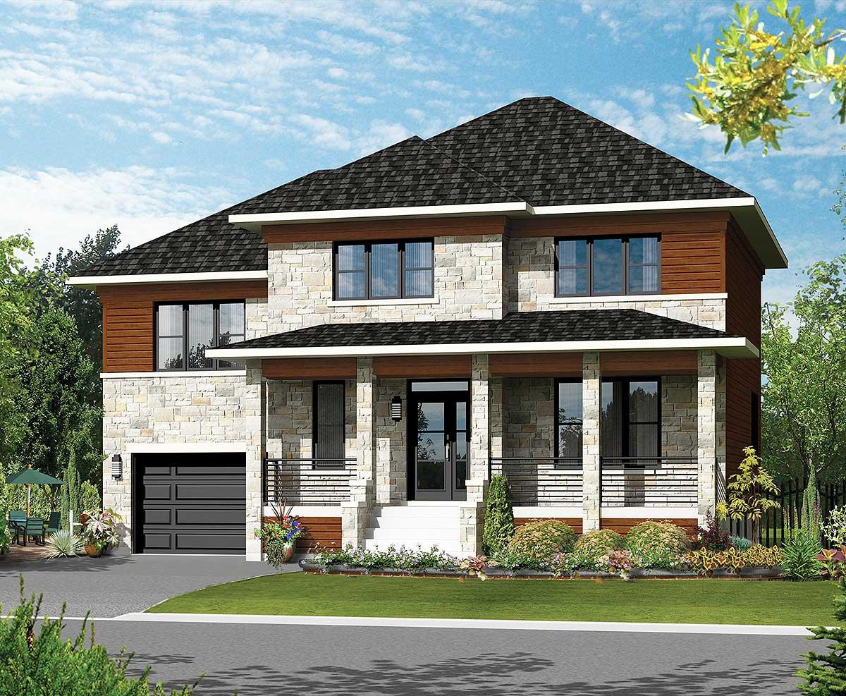 House plan exterior of a two-story home with stone and wood siding, covered front porch, and attached garage.