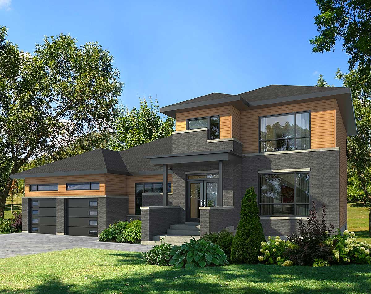 Modern house plan exterior featuring a multi-level roof, stone and wood siding, a covered entry, and a three-car garage.