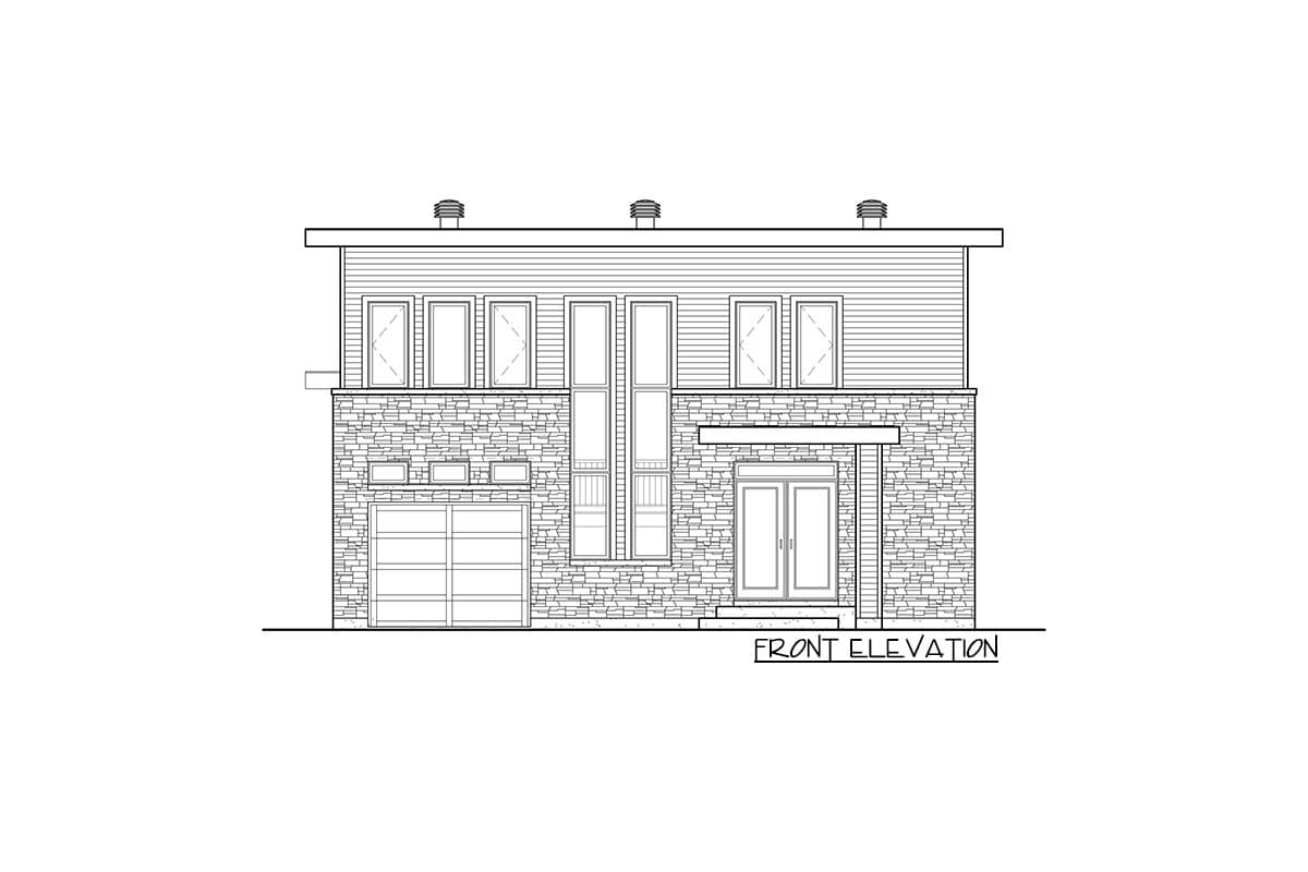 Front elevation drawing of a two-story house with stone facade, horizontal siding, multiple windows, garage, and covered entry.