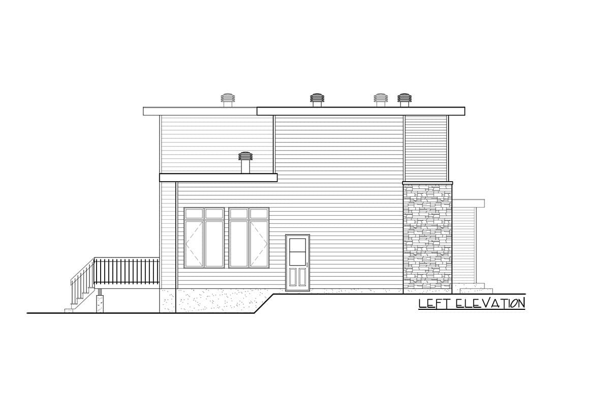 Left elevation drawing shows a two-story house with horizontal siding, stone accent, multiple windows, a door, and a deck with stairs.