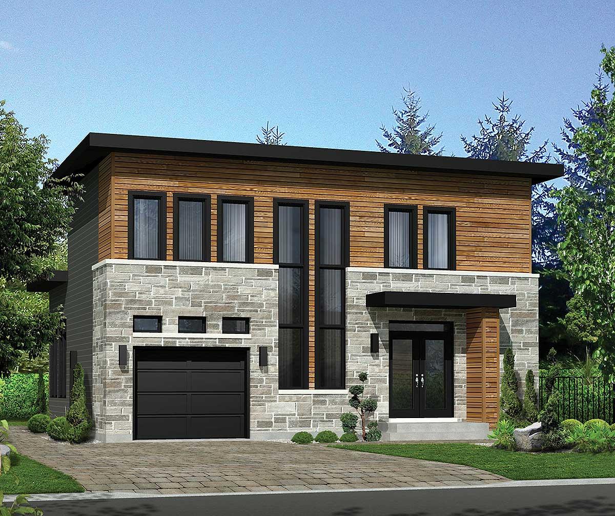 House plan exterior: Two-story modern home with stone and wood facade, flat roof, garage, and vertical windows.