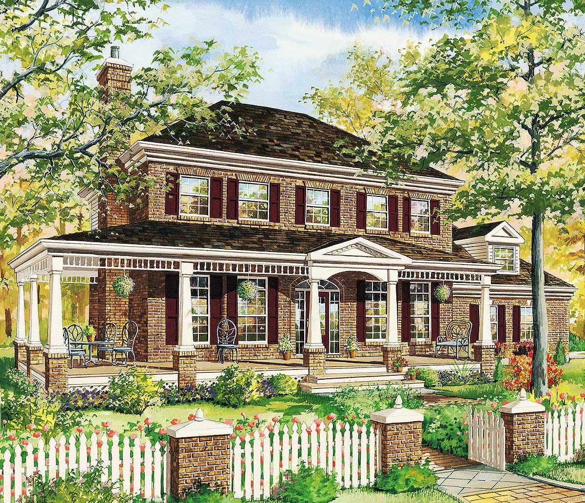 House plan exterior: two-story brick home with wraparound porch, dormer, and white picket fence.