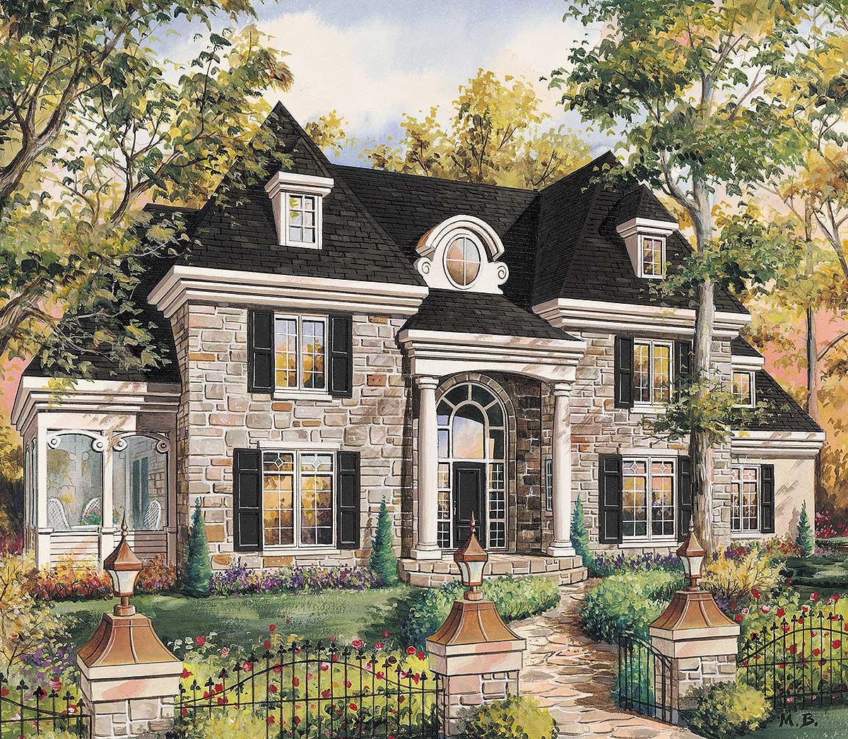 House plan exterior: stone facade, two stories, mansard roof with dormers, arched entry with columns, and bay window.