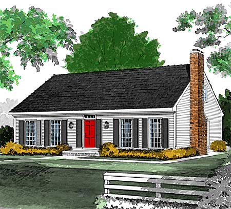 Ranch house plan exterior with a red front door, symmetrical windows with shutters, and a prominent brick chimney.
