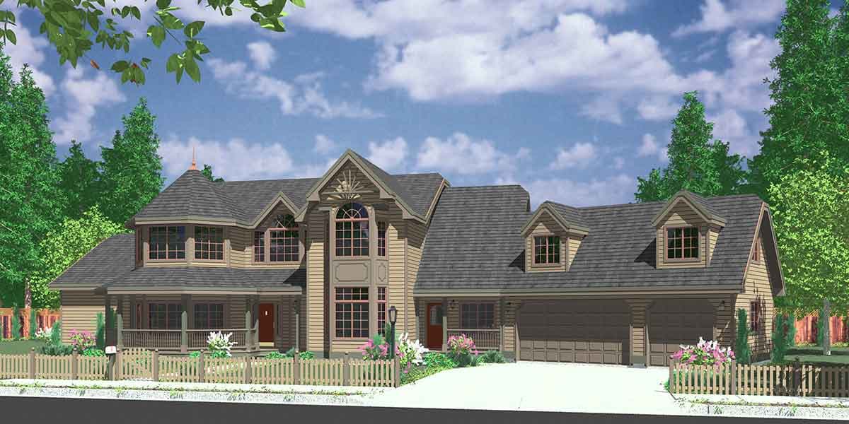 House plan exterior: two-story design with wrap-around porch, gables, dormers, and a three-car garage.