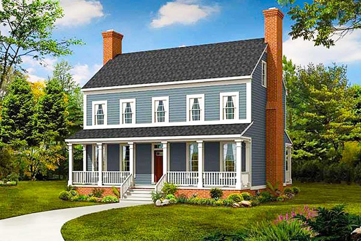 Two-story Colonial house plan exterior with a full-width porch, symmetrical facade, and dual brick chimneys.