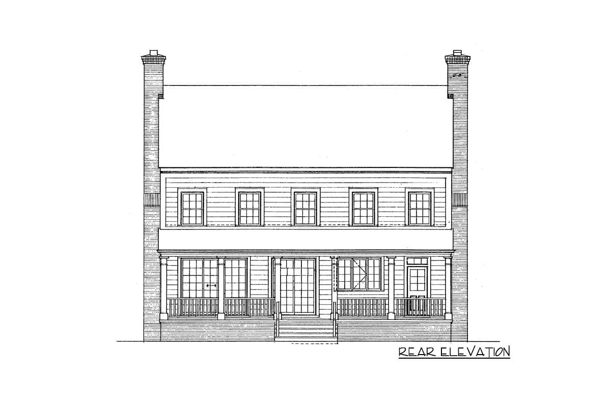 Rear elevation drawing of a two-story house with twin chimneys, central porch, and symmetrical window placement.