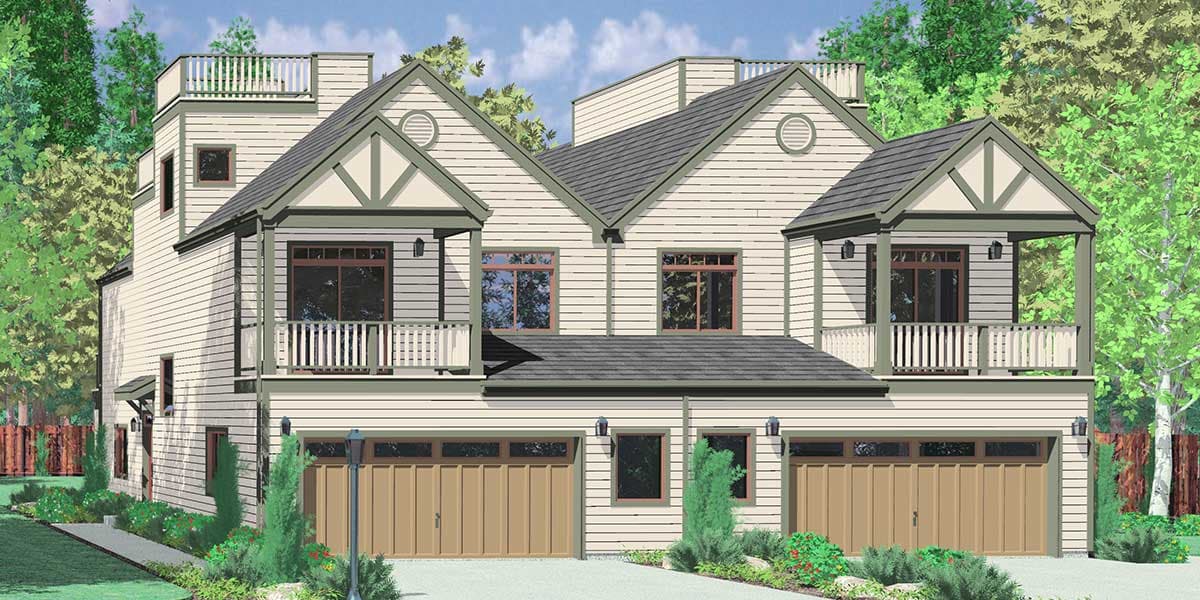 House plan exterior: three-story townhouse with stacked garages, upper balconies, and rooftop deck. Gable accents.