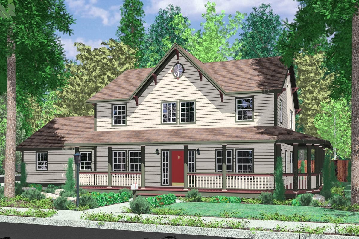 House plan exterior with Craftsman style, two stories, front porch, gabled roof, and decorative gable vent.