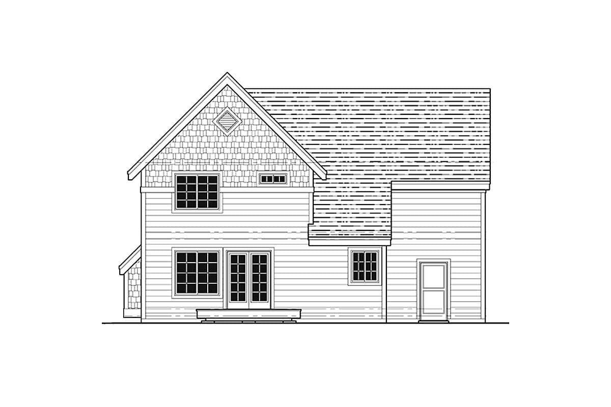 House plan exterior with gabled roof, dormer, double doors, and diamond-patterned shingle accent.