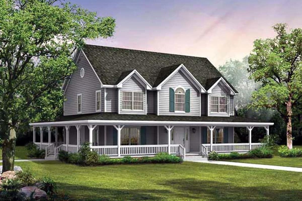House plan exterior: Two-story home with wraparound porch, gabled dormers, and center entrance.