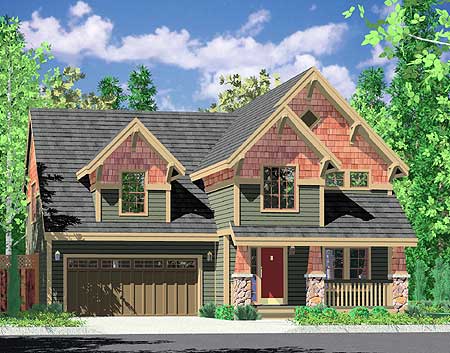 House plan exterior: Two-story, gabled dormers with decorative brackets, covered front porch, stone-clad pillars, and a two-car garage.