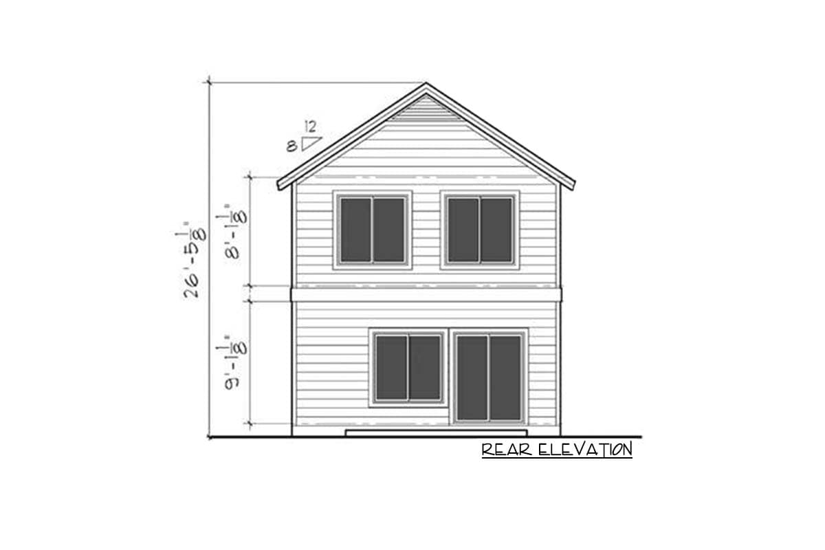 Rear elevation house plan drawing showing two stories with two windows on the upper level and two sliding glass doors on the lower level.