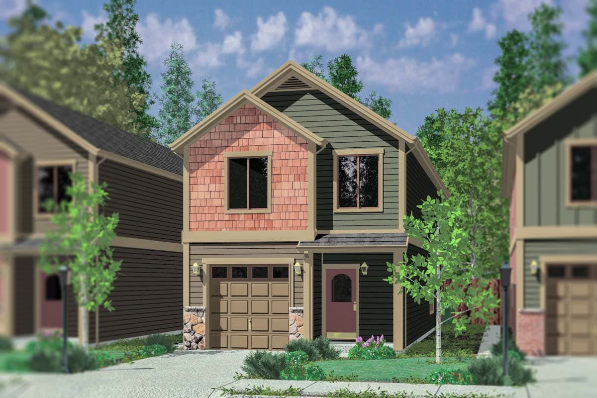 House plan exterior: two-story home with a front-facing garage, gable end, and wood shingle accent.