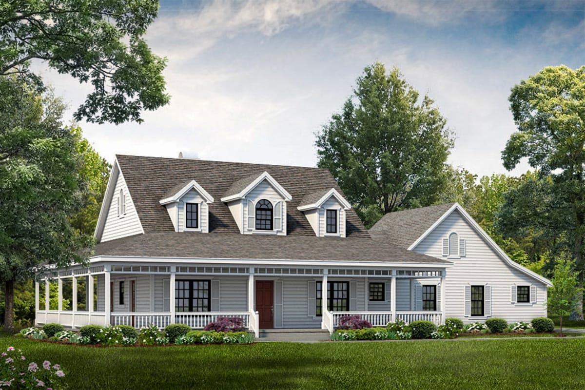 House plan exterior: Modern farmhouse style with a wraparound porch, three gables, and dormer windows.