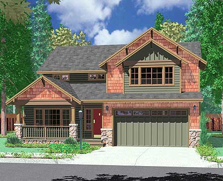 House plan exterior: Two-story home with covered porch, prominent gables, stone accents, and attached garage.