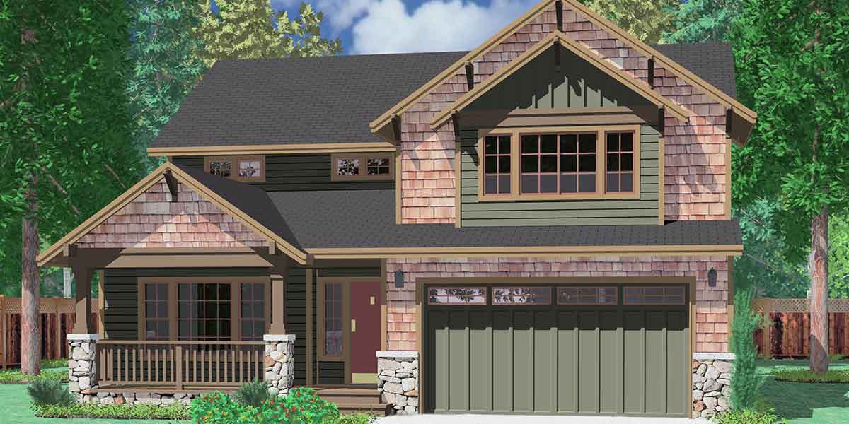Craftsman house plan exterior, two stories, with a covered front porch, stone accents, and a detached garage.