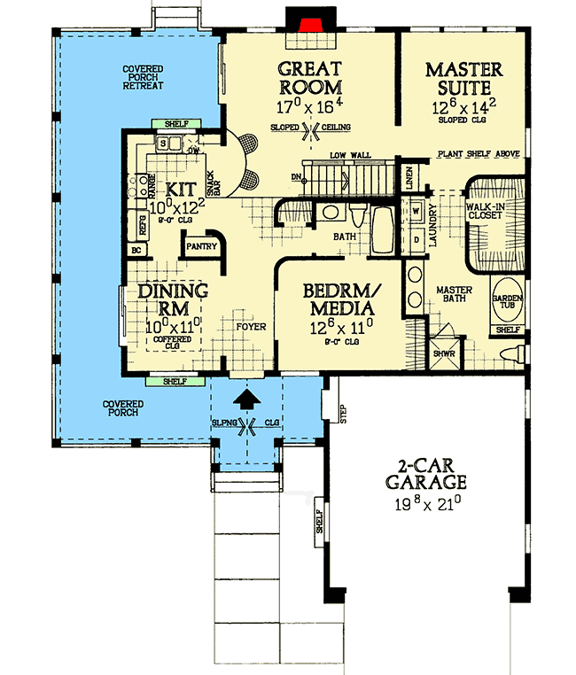 Plan 81346W: Cottage House Plan with Flex Room and Wraparound Porch - 1295 Sq Ft - Floor Plan - Main Level - Cottage, Country