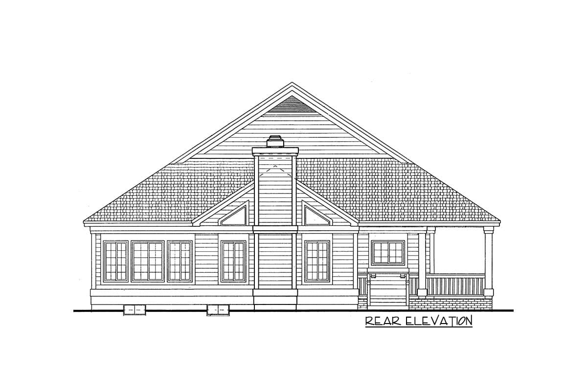 Rear elevation house plan with a prominent gable, centered chimney, and a covered porch with decorative railing.