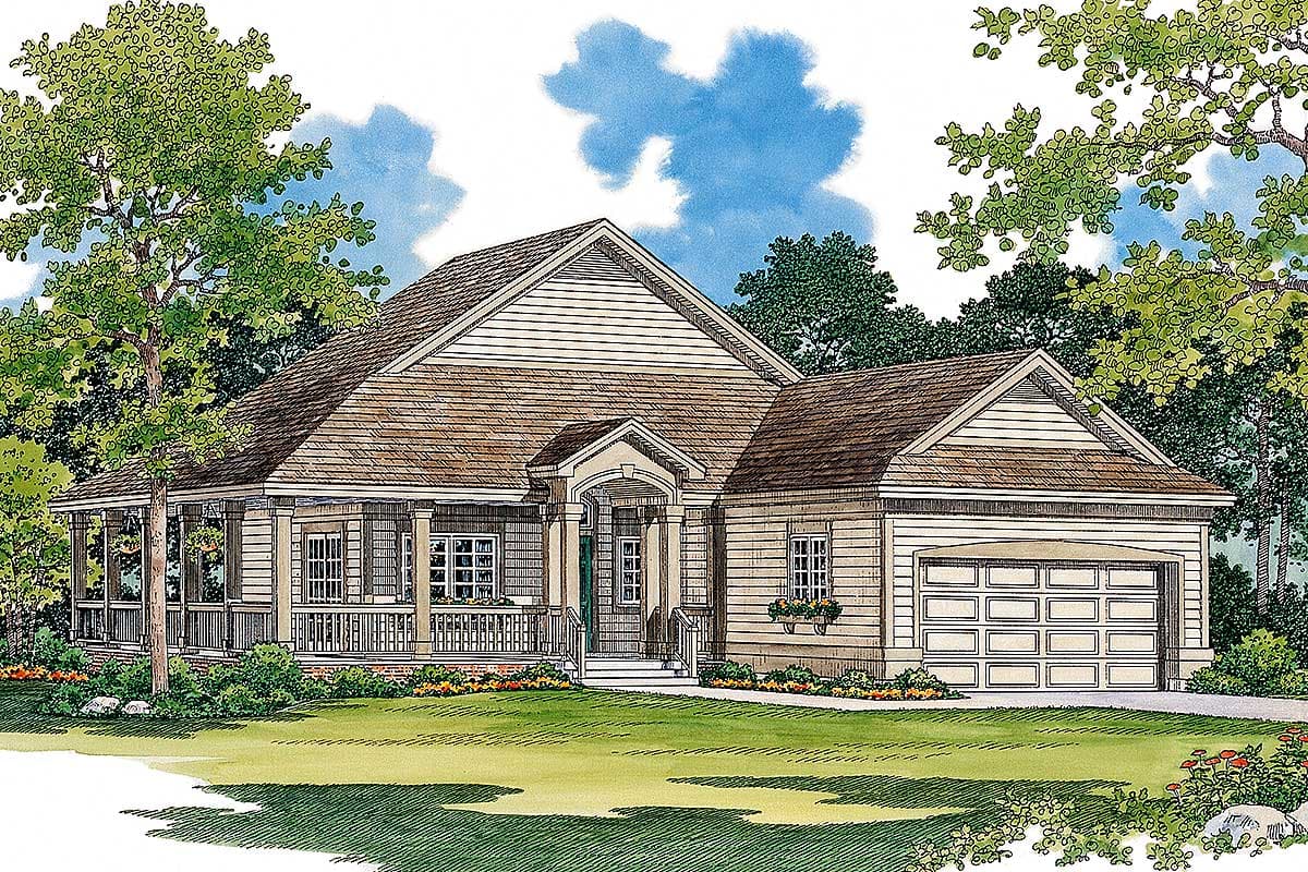 House plan exterior: One-story residence with a wraparound porch, gabled dormers, and an attached two-car garage.