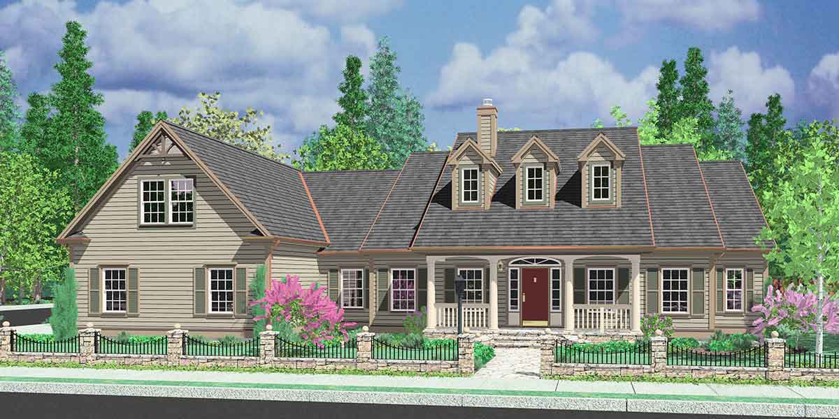 House plan exterior: Two-story, irregular roofline with dormers, covered front porch, and gables.