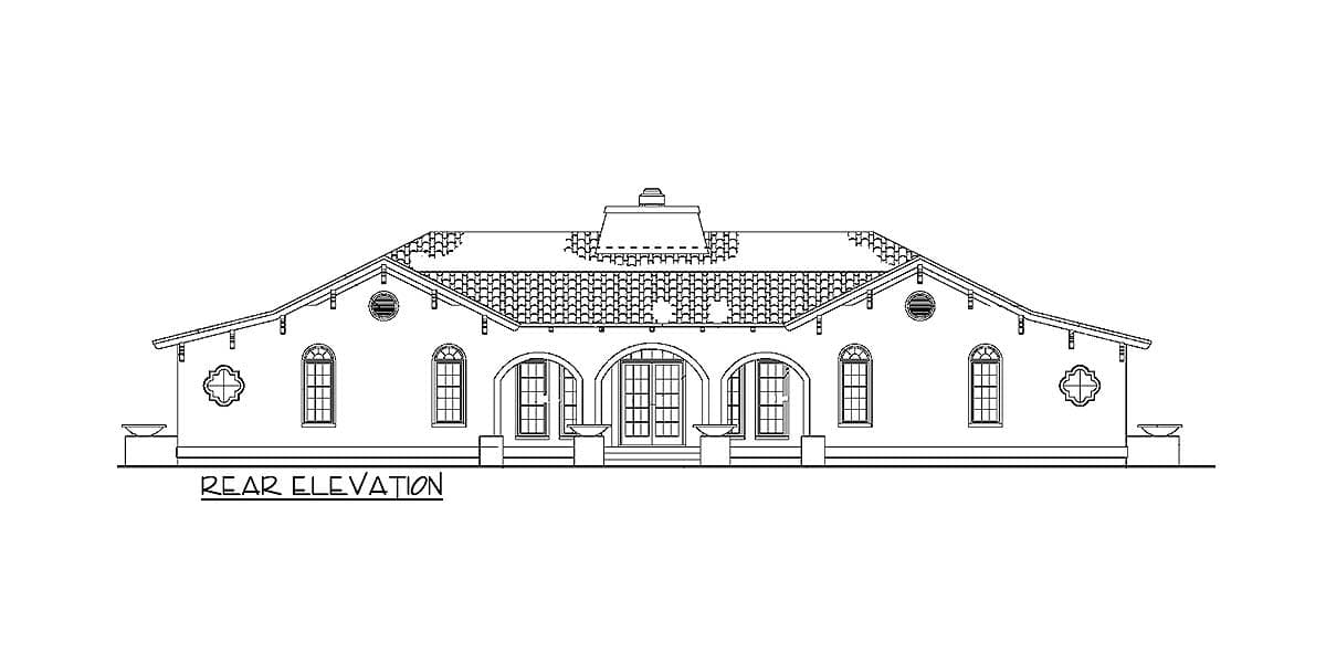 Rear elevation drawing of a single-story house with arched windows, double doors, and a tiled hip roof.
