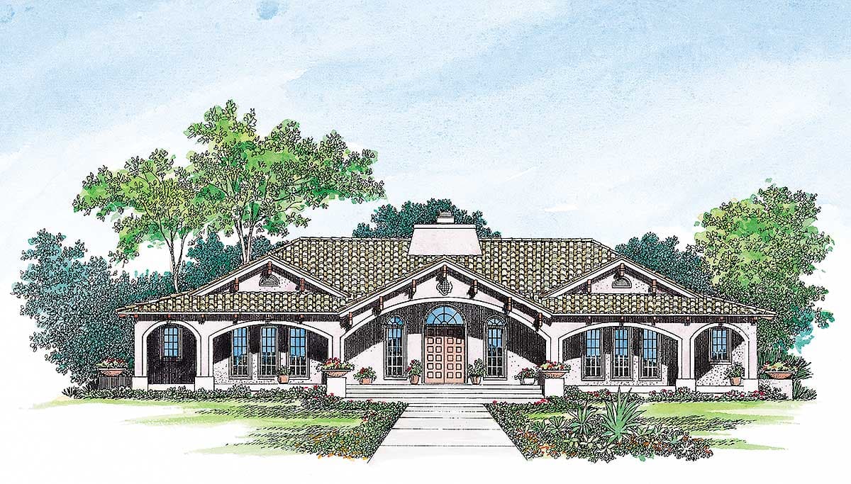 House plan exterior: Mediterranean style, one story, with arched loggias, tile roof, and prominent central gables.