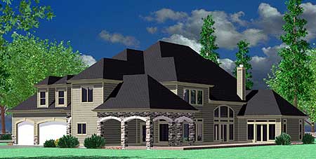 House plan exterior: Two-story home with a three-car garage, arched covered entry with stone pillars, and multiple gables.