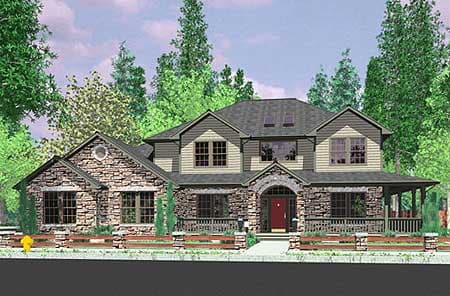 House plan exterior: Two-story home with stone and siding, arched entry, wrap-around porch, and gabled dormers.