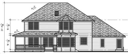 Architectural drawing of a two-story house exterior, featuring a covered porch, multiple gables, dormers, and varied rooflines.