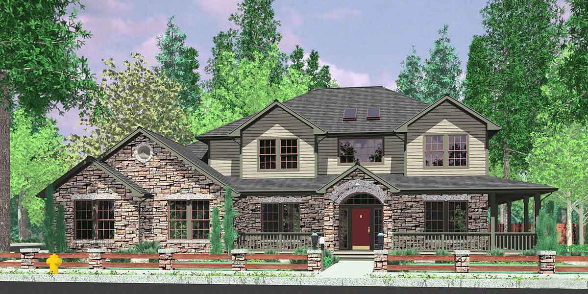 House plan exterior of two-story home with stone and siding, wrap-around porch, and arched entryway.