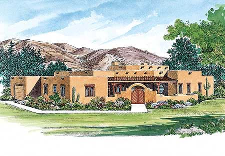 Southwestern style house plan exterior with a single story, stucco facade, covered patio with vigas, and attached garage.