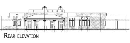 Rear elevation drawing of a single-story house plan with a covered porch, multiple windows, and gabled dormers.