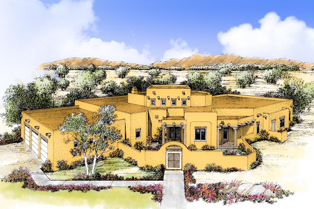 Southwestern style house plan exterior with three-car garage, covered patio, and central courtyard.