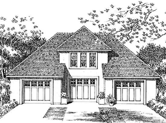 House plan exterior: Two-story home with a prominent hip roof, three-car garage, and central entry with multiple windows.