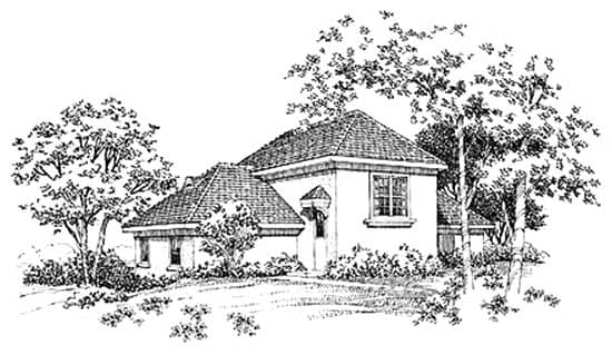 House plan exterior sketch shows a one-story building with multiple hipped rooflines and a prominent central window.
