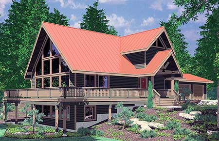 House plan exterior of a two-story home with a wrap-around deck, gable roof, and large window wall.