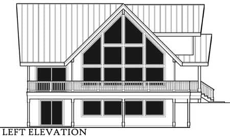 Left elevation house plan with a large gable window, deck, and lower level windows.
