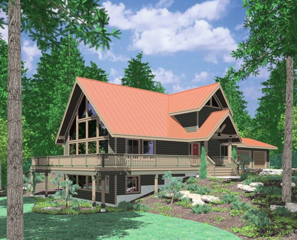 House plan exterior: Two-story A-frame style home with wraparound deck, prominent gables, and attached garage.
