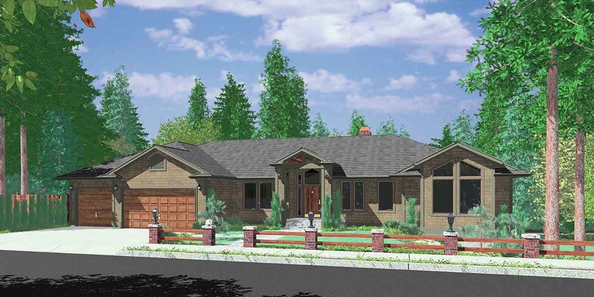 House plan exterior: Ranch style, one story, with a two-car garage, covered entry porch, and gable dormers.