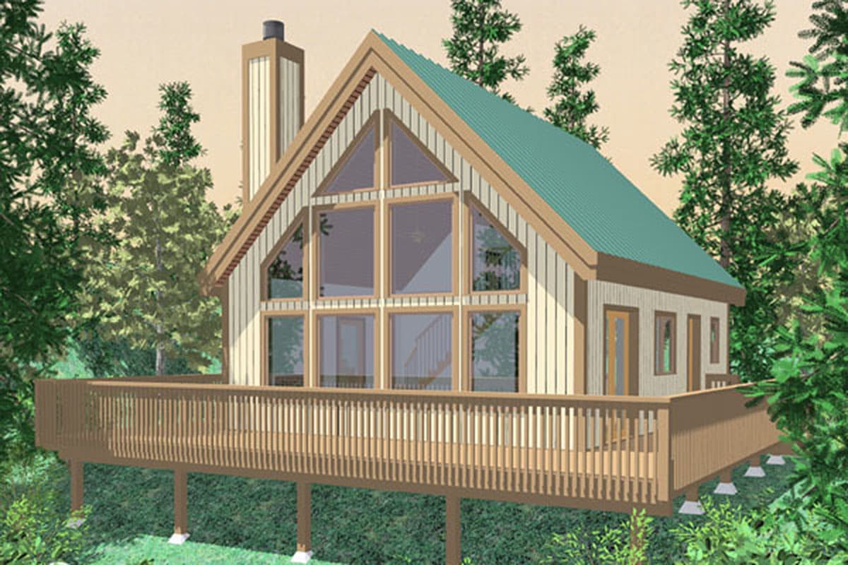 House plan exterior: A-frame style, two stories, large front gable windows, wrap-around deck on stilts, and a prominent chimney.