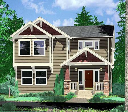 Two-story house plan exterior with gabled rooflines, decorative brackets, a covered porch with stone-clad columns, and multiple windows.