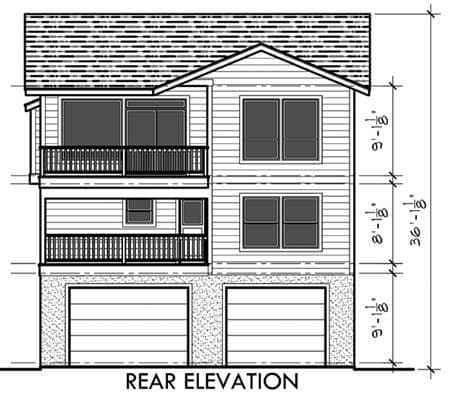 Rear elevation drawing of a three-story house plan with two balconies and a three-car garage.
