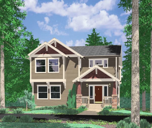 House plan exterior: Two-story home with gabled dormers, stone-clad porch columns, and decorative gable brackets.