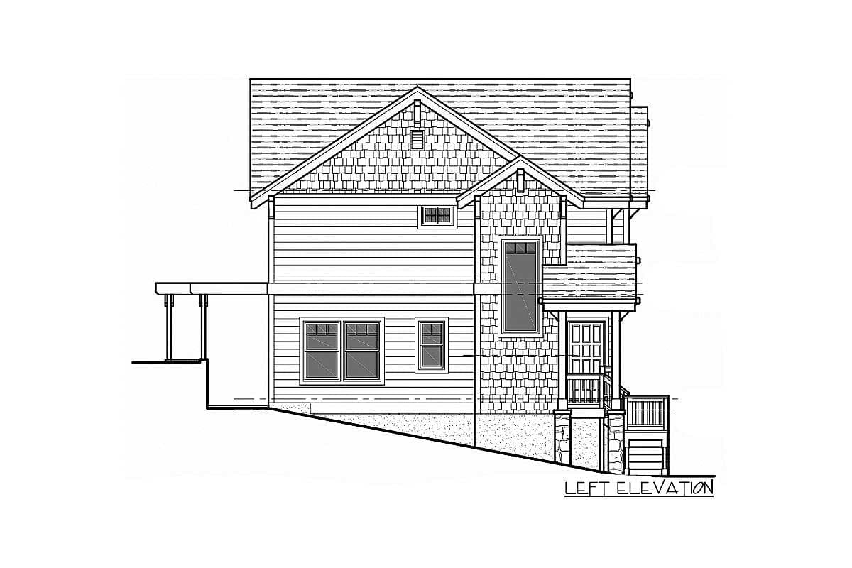 Left elevation drawing of a two-story house plan with gabled dormer, porch, and various window styles.