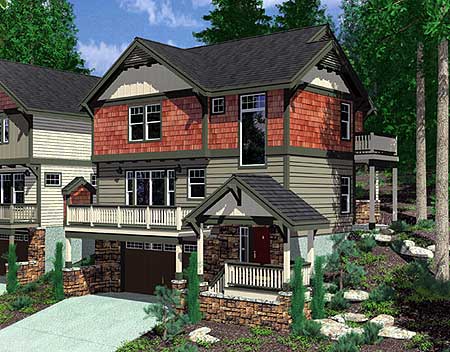 House plan exterior: three-story, modern mountain style with stone accents, prominent gables, multiple balconies, and a detached garage.