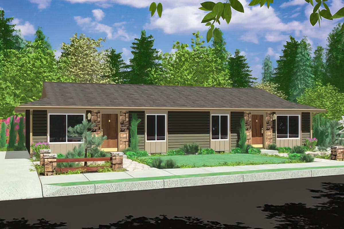House plan exterior: one-story duplex with stone and horizontal siding, covered entryways, and prominent windows.