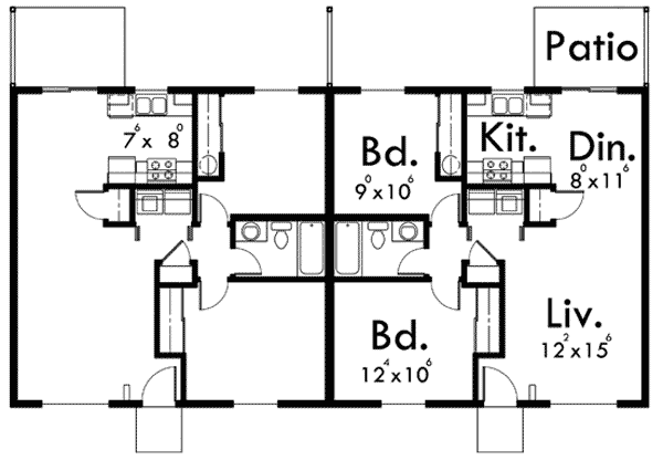 Plan 8150LB: Ranch Duplex with Matching 2-Bed Units Under 800 Square Feet - Floor Plan - Main Level - Northwest, Ranch, Traditional