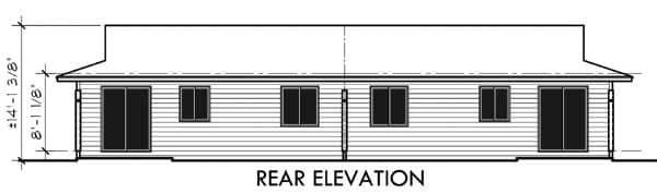 Rear elevation drawing of a house plan, showing horizontal siding, sliding doors, and windows.