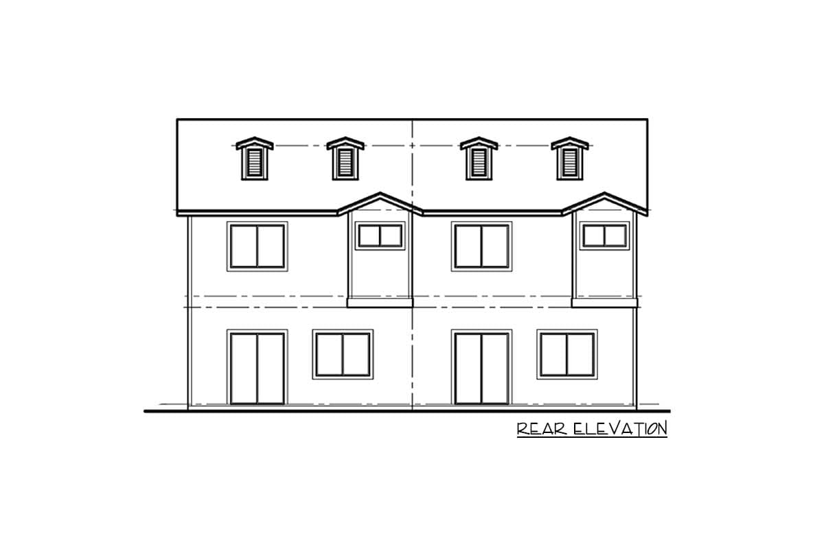 Rear elevation drawing of a two-story house plan with four dormers, upper-level windows, and lower-level doors and windows.